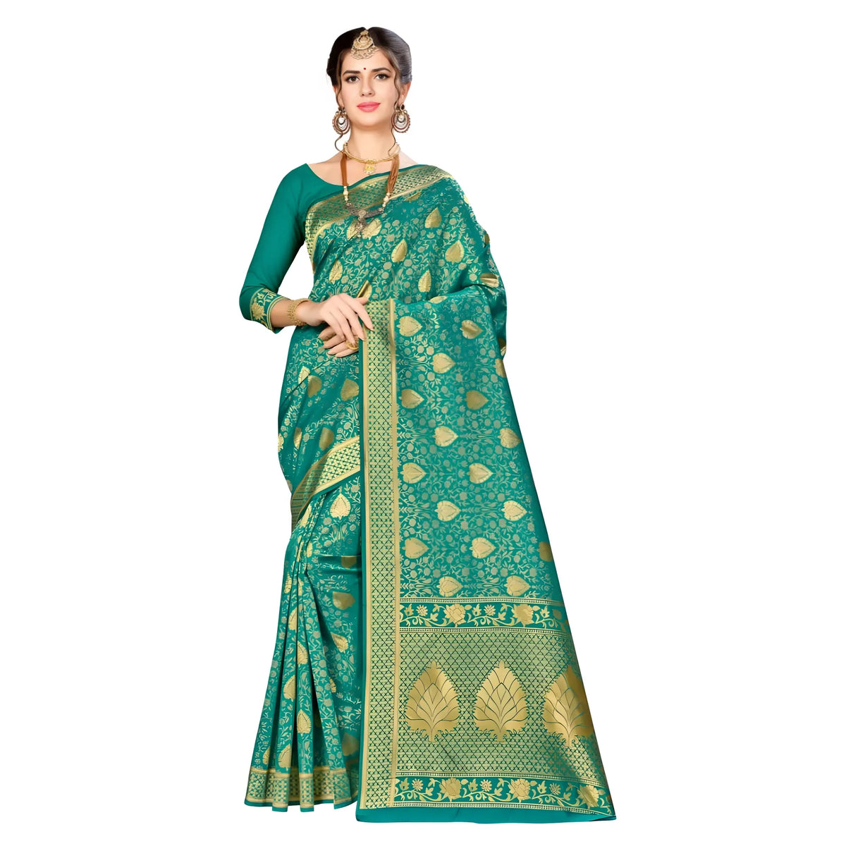 Women's Banarasi silk Saree with Blouse (Green, 5-6mtr)
