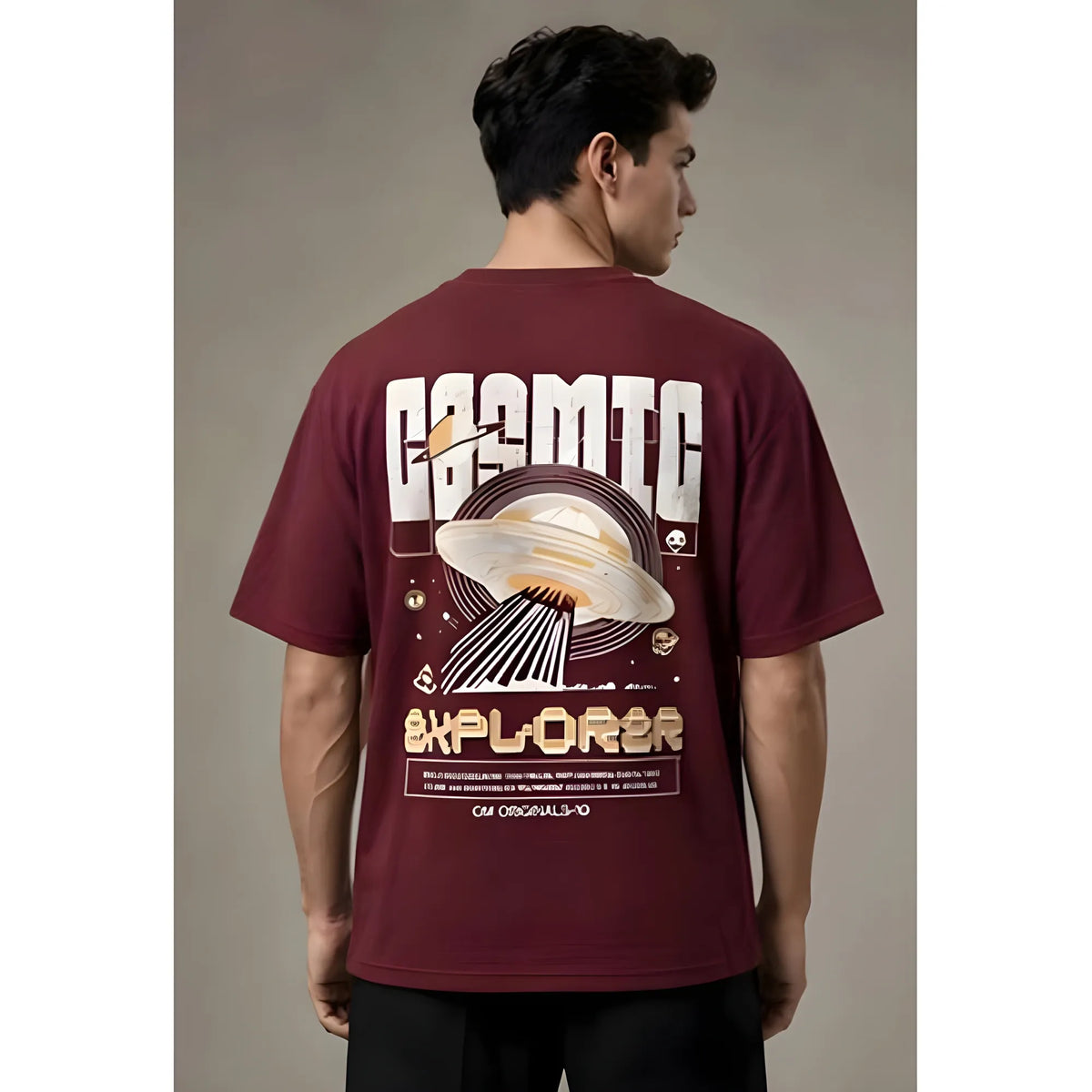 Men's Cotton Blend Printed Oversized Round Neck Half Sleeve T-Shirt (Maroon)