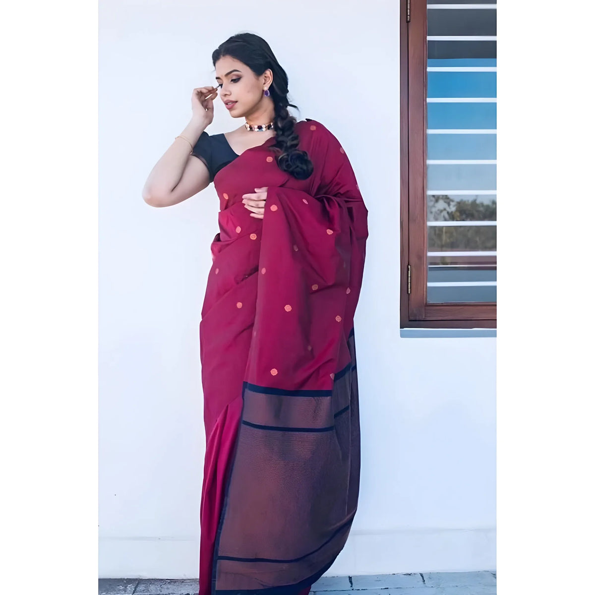 Women's Litchi silk Printed Saree With Unstitched Blouse (Red)