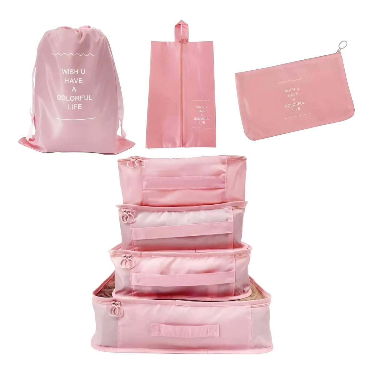 Nylon 7 Pcs Travel Waterproof Storage Bag (Pink)