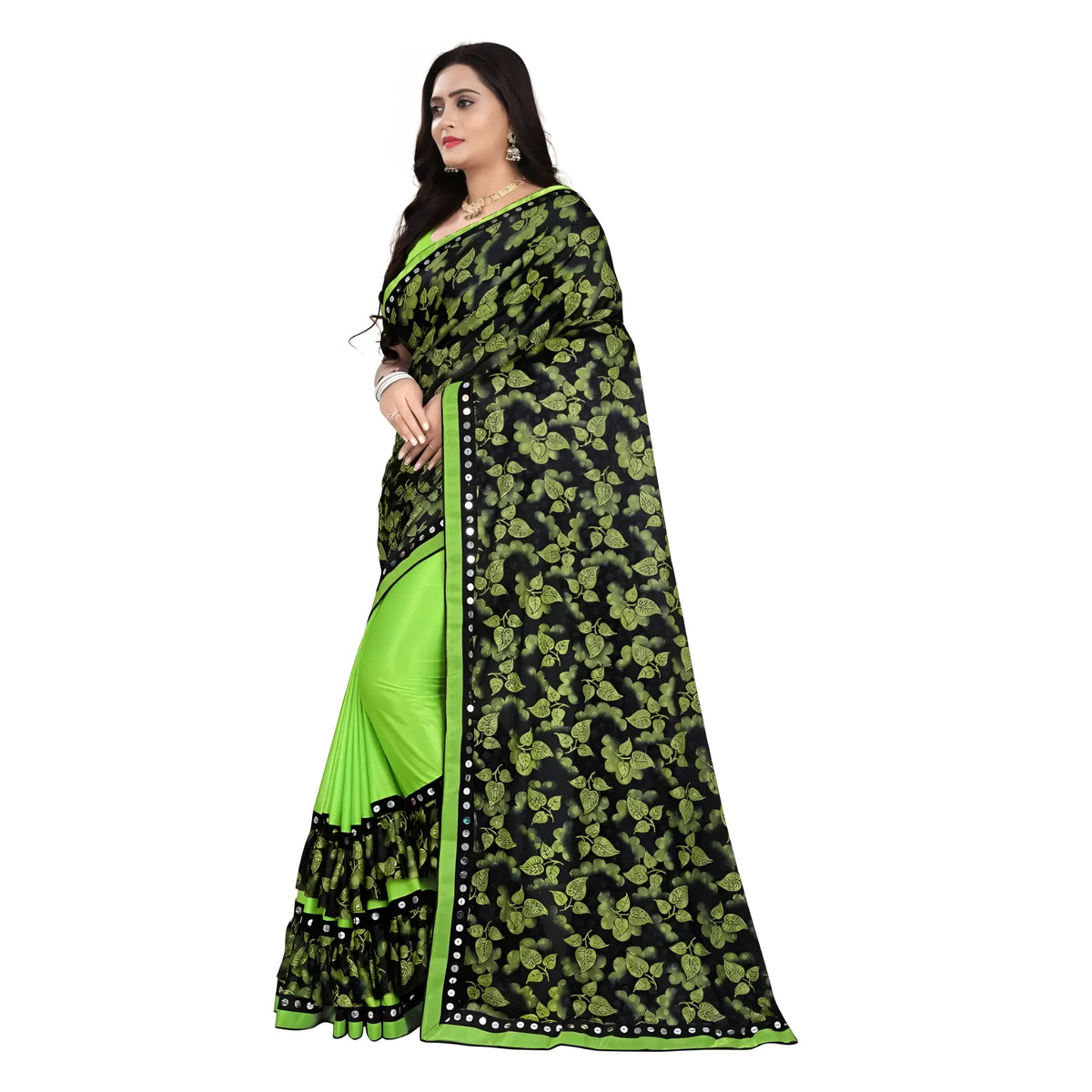 Women's Lycra Blend Saree with Blouse (Pista, 5-6 Mtrs)