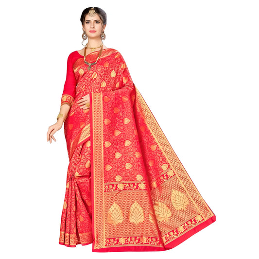 Women's Banarasi silk Saree with Blouse (Red, 5-6mtr)
