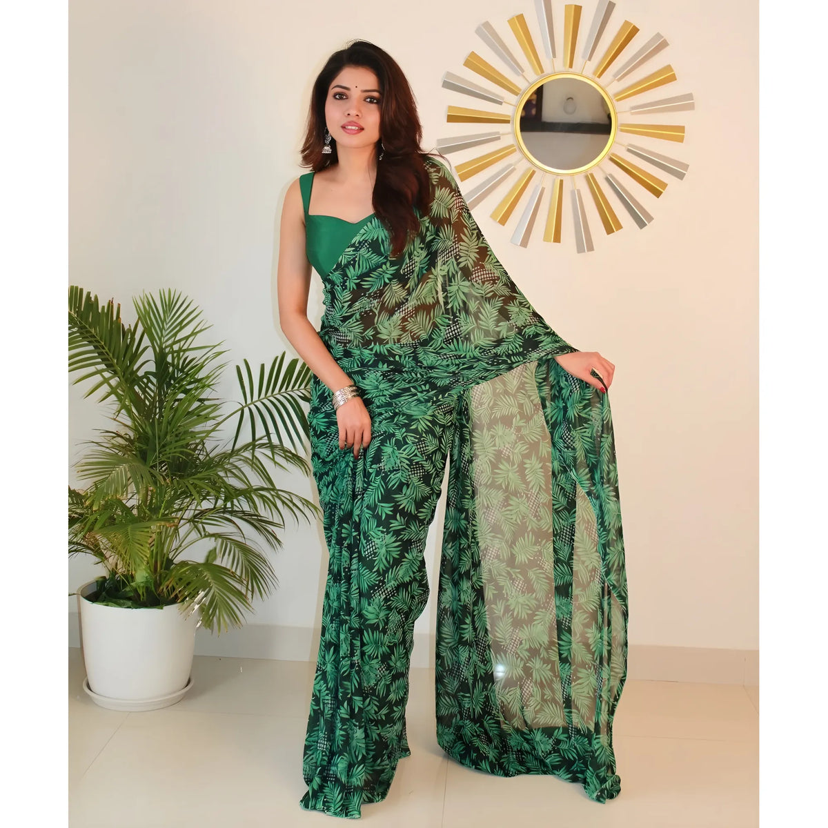 Women's Georgette Printed Saree With Unstitched Blouse 5.5Mtr (Black-Green)