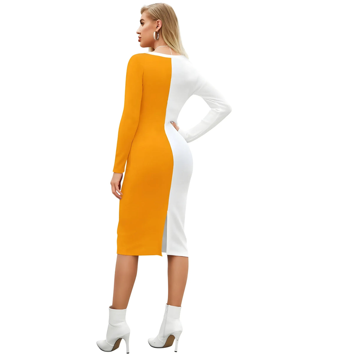 Women's Knitting stretchable Solid Round Neck Full Sleeve Dress (Yellow)
