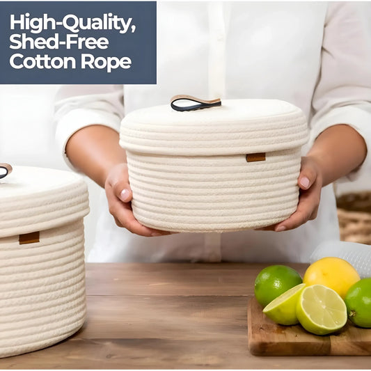 Cotton 2 Pcs Set Roti Box Storage Basket With Lid (White)