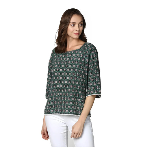 Women's Polyester Printed 3-4th Sleeves Top (Green)