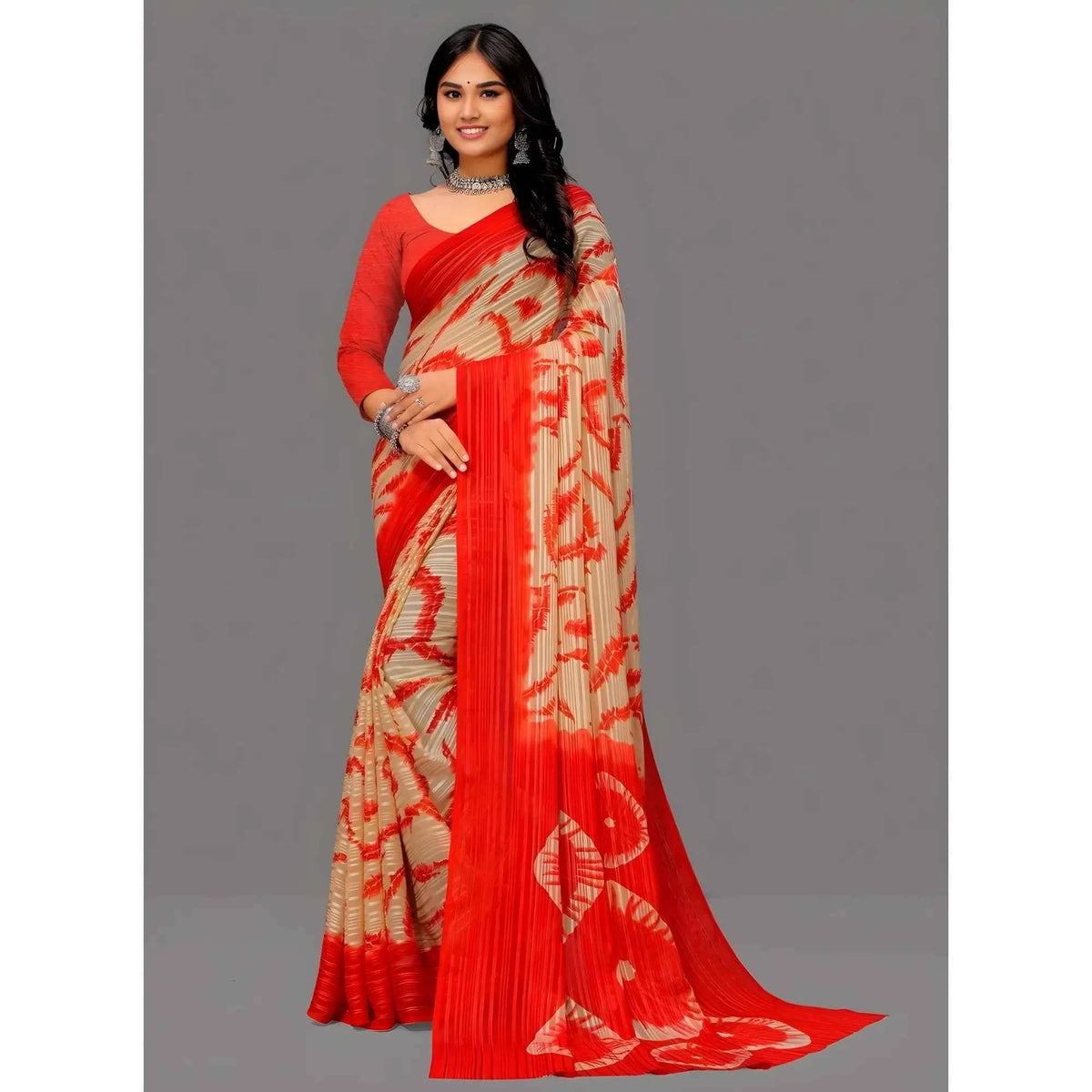 Ishara Georgette Striped Printed Saree With Unstitched Blouse