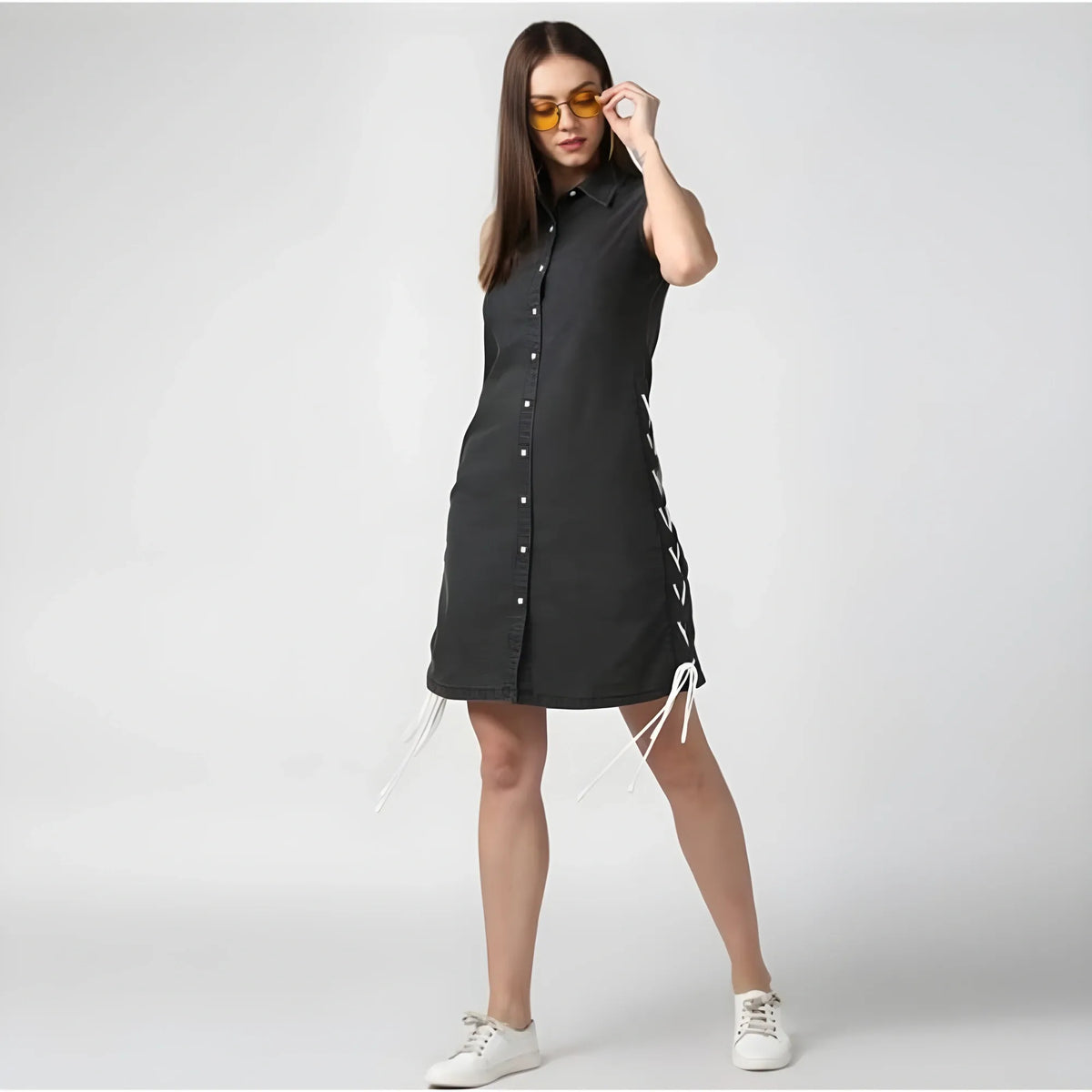 Women's Denim Solid Sleeveless Dress (black) | Women Signature Collection