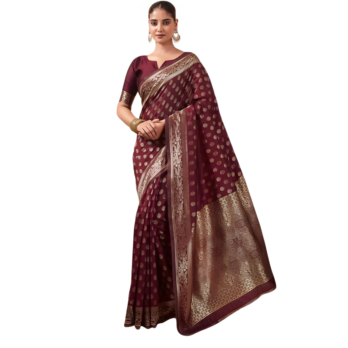 Women's Jacquard Printed Saree With Unstitched Blouse 5.5Mtr (Maroon)