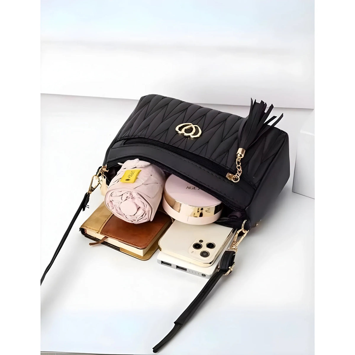 Women's PU Leather Zipper Sling Bag (Black)