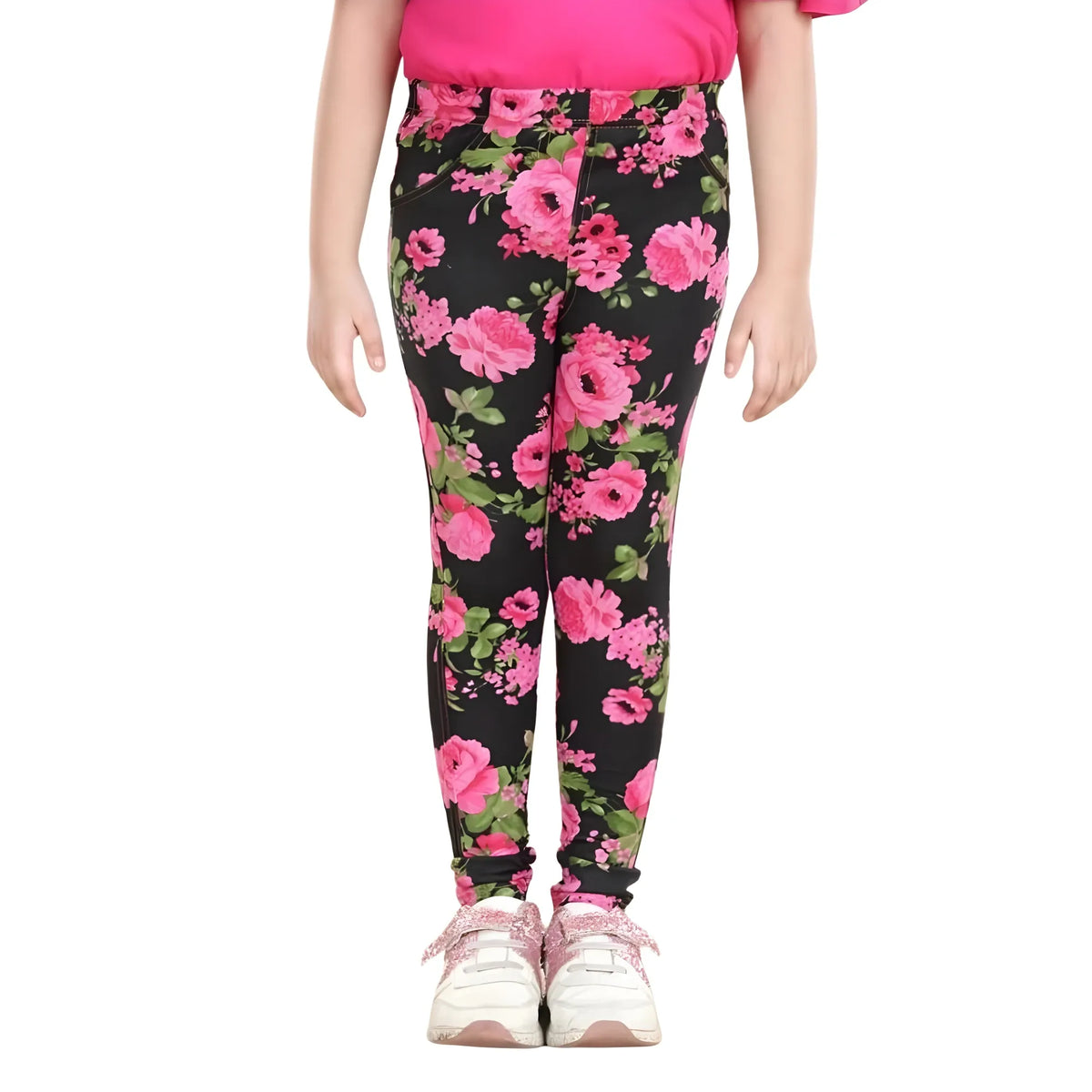 Girl's Cotton Lycra Floral Elasticated Jeggings (Black-Pink)