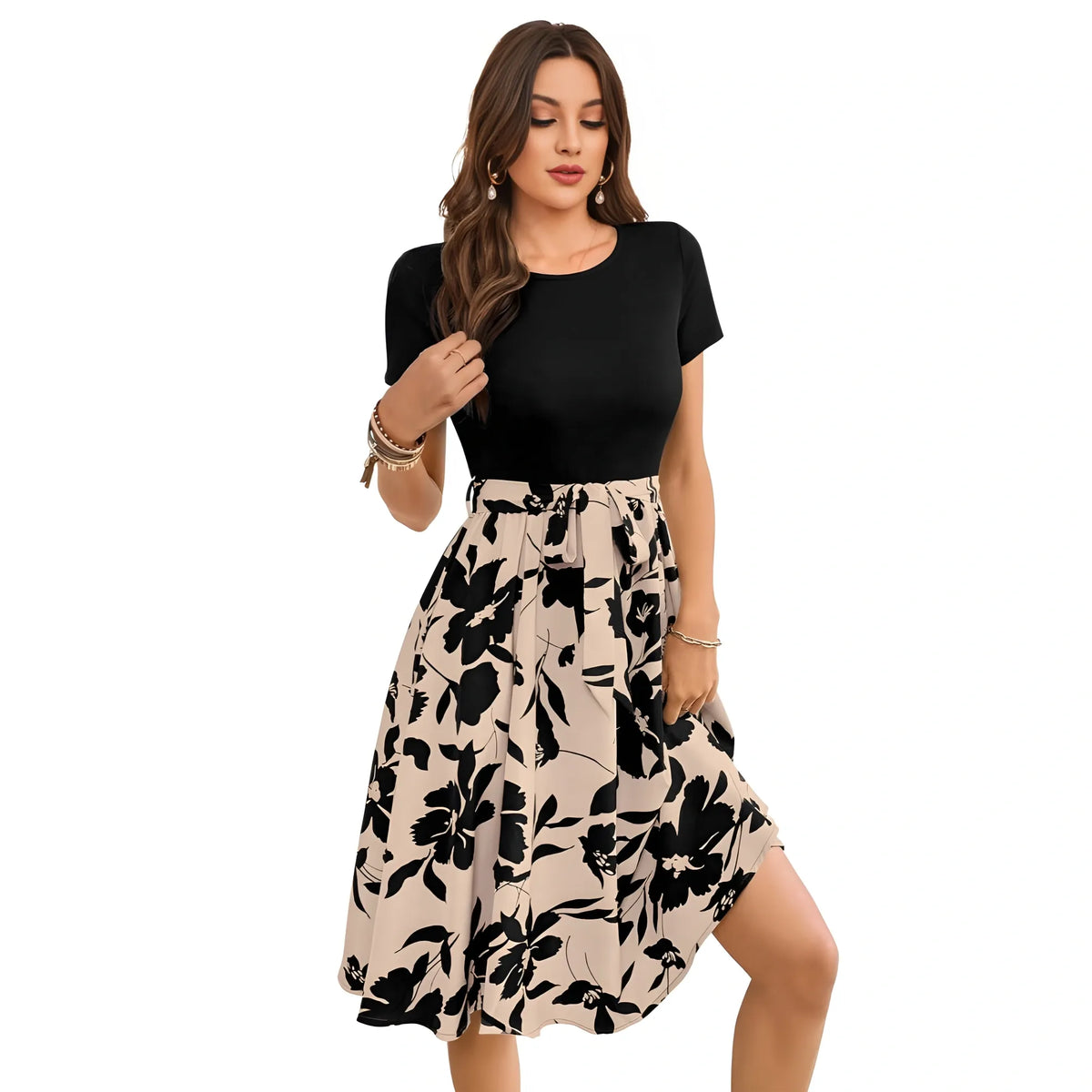 Women's Knitting Printed Round Neck Short Sleeve Dress (Cream)