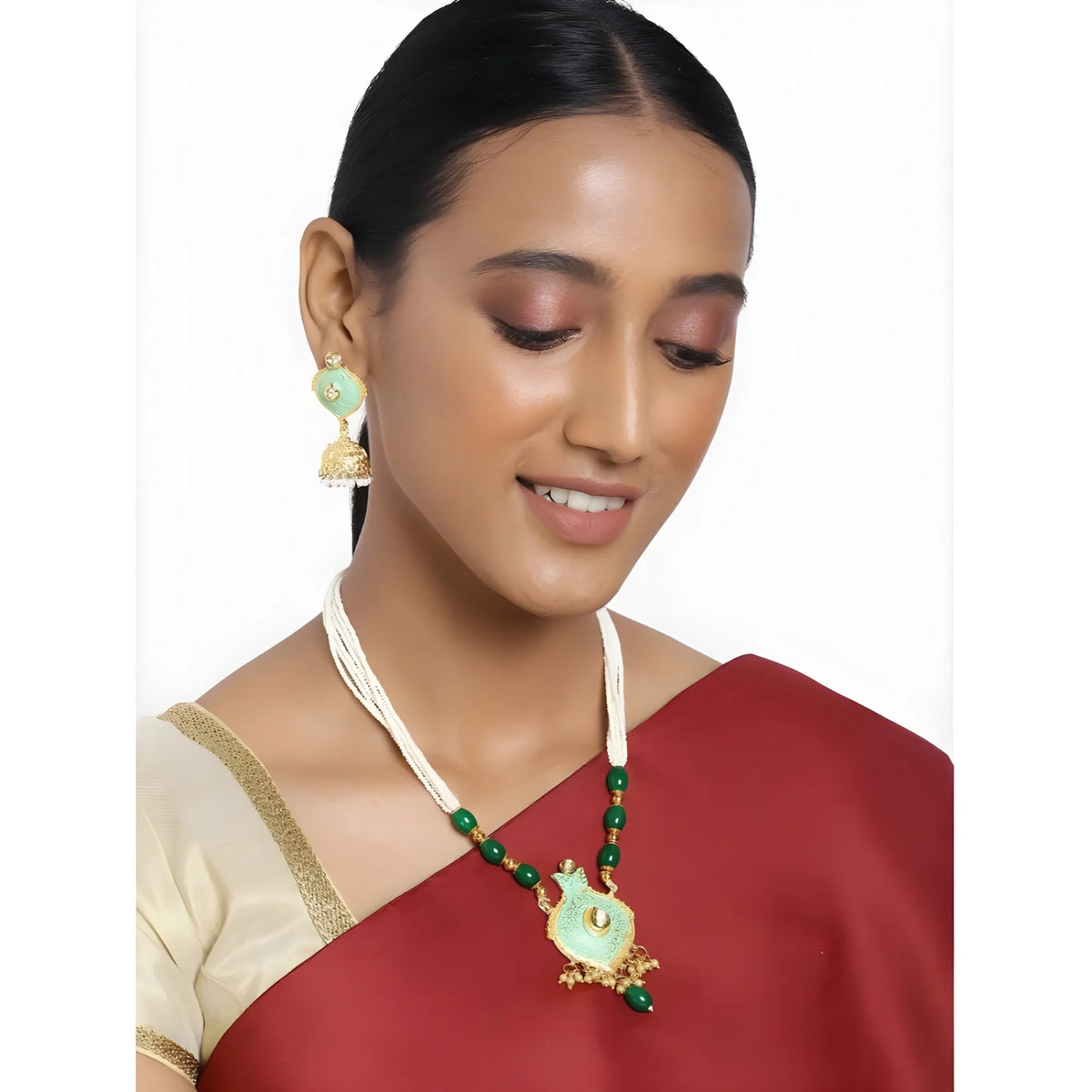 Women's Rose Gold Plated Alloy Necklace &amp; Earings Set (Green)