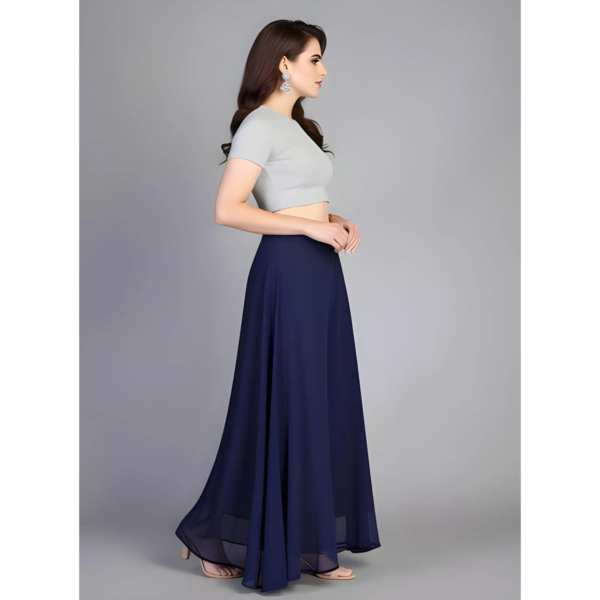 Women's Pack of 1 Georgette Solid High Rise Wide Leg Flared Palazzo with Elastic Waist (Navy Blue)