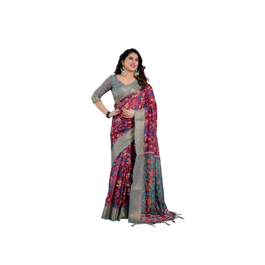 Women's Linen Printed Saree With Unstitched Blouse 5.5mtr (purple) | Women Signature Collection