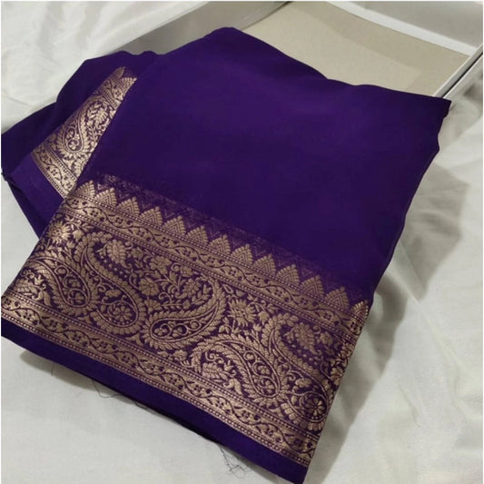 Women's Crepe Chit Pallu Solid Saree With Unstitched Blouse 5.5mtr (purple) | Women Signature Collection