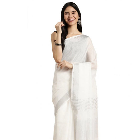 Women's Linen Cotton Printed Saree With Unstitched Blouse 5.5mtr (white) | Women Signature Collection