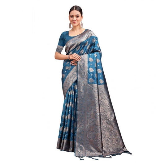Women's Banarasi Silk Printed Saree With Unstitched Blouse 5.5mtr (teal Blue) | Women Signature Collection
