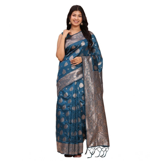 Women's Banarasi Silk Printed Saree With Unstitched Blouse 5.5mtr (teal Blue) | Women Signature Collection