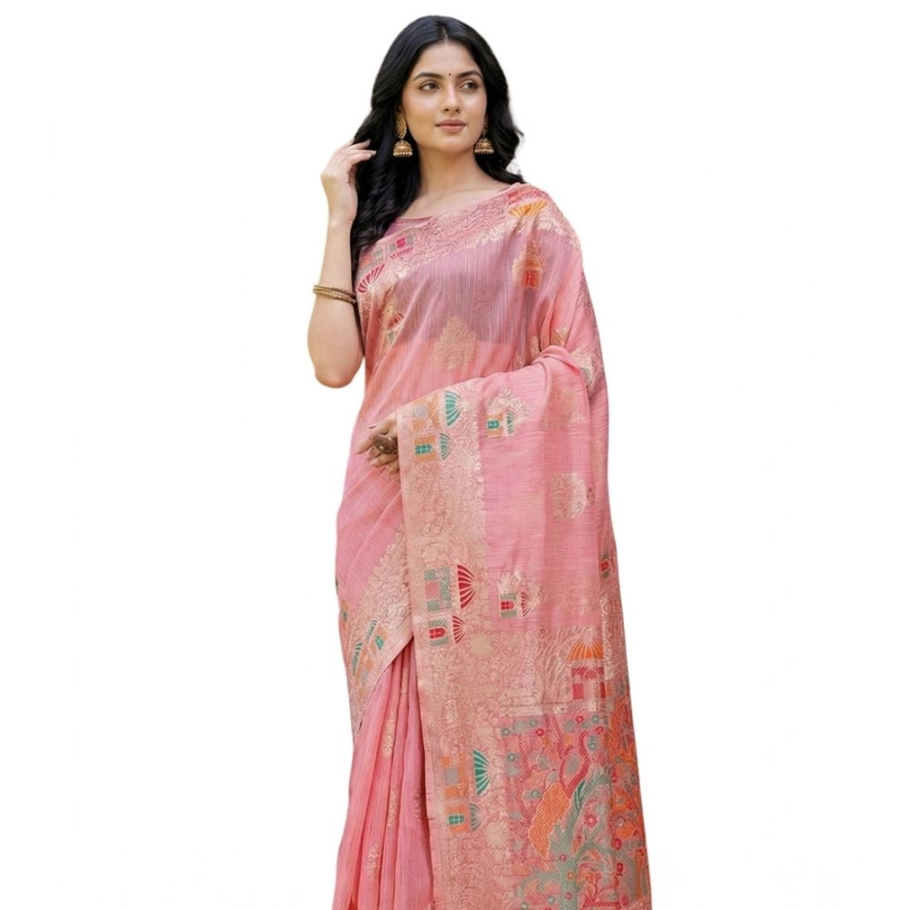 Women's Linen Cotton Printed Saree With Unstitched Blouse 5.5mtr (pink) | Women Signature Collection
