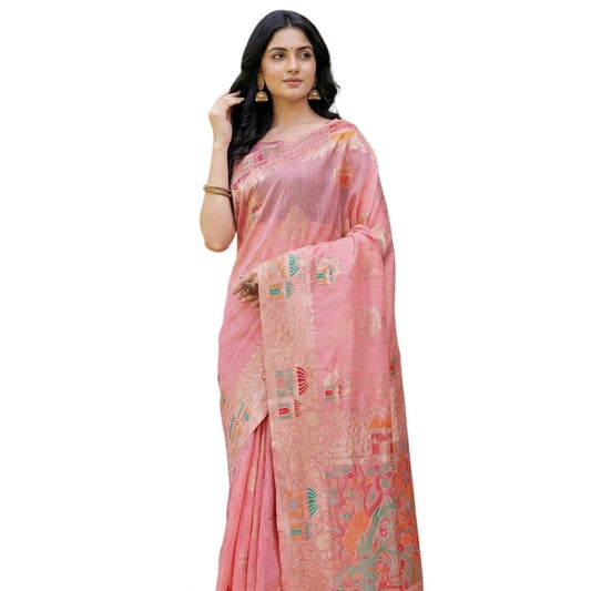 Women's Linen Cotton Printed Saree With Unstitched Blouse 5.5mtr (pink) | Women Signature Collection