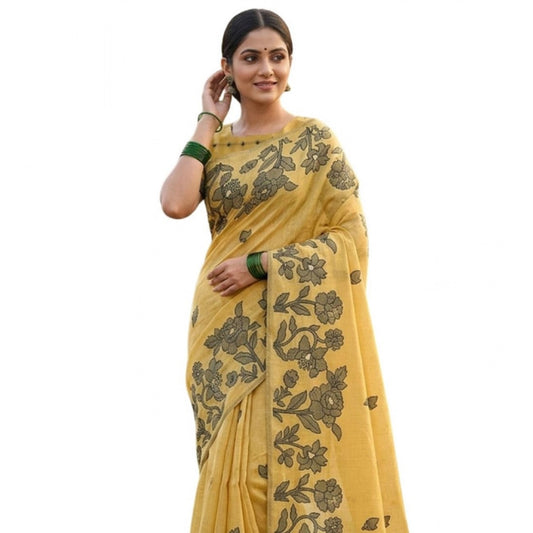 Women's Linen Cotton Printed Saree With Unstitched Blouse 5.5mtr (yellow) | Women Signature Collection