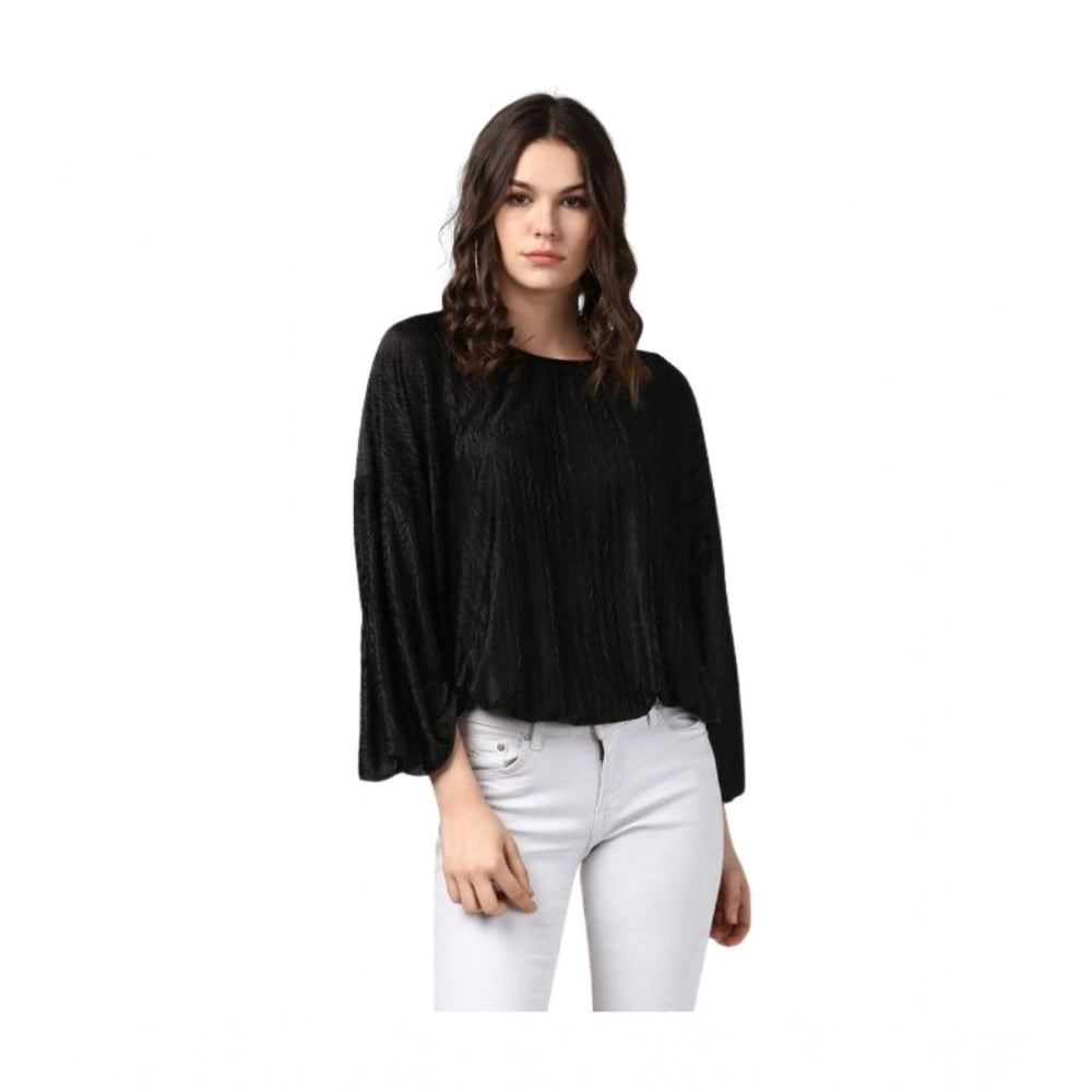 Women's Polyester Pleated Balloon Sleeve Top (black) | Women Signature Collection