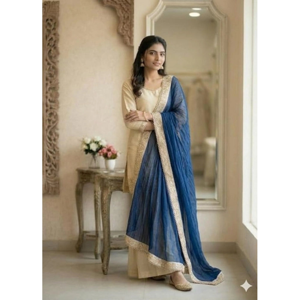 Women's Silk Embroidered 3/4th Sleeve V Neck Kurti With Sharara Pant And Dupatta Set (cream &amp; Blue) | Women Signature Collection
