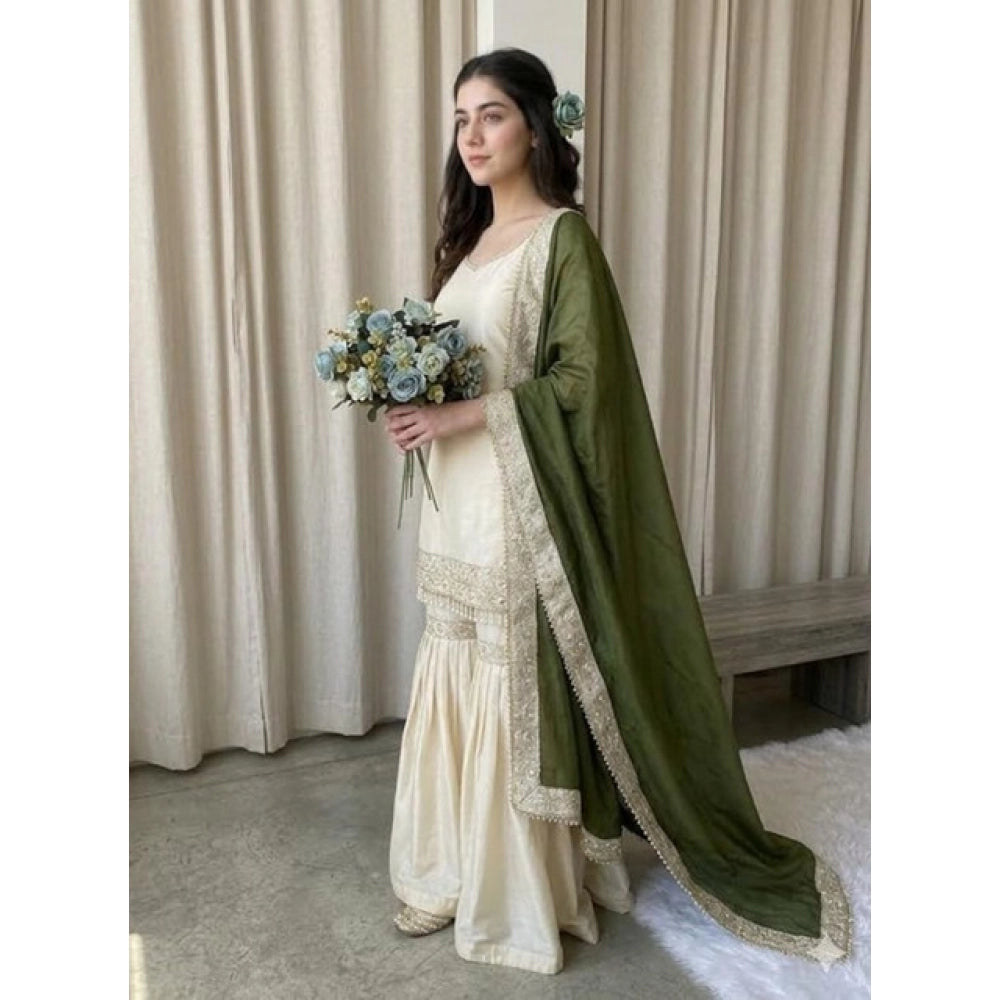 Women's Silk Embroidered 3/4th Sleeve V Neck Kurti With Sharara Pant And Dupatta Set (cream &amp; Green) | Women Signature Collection