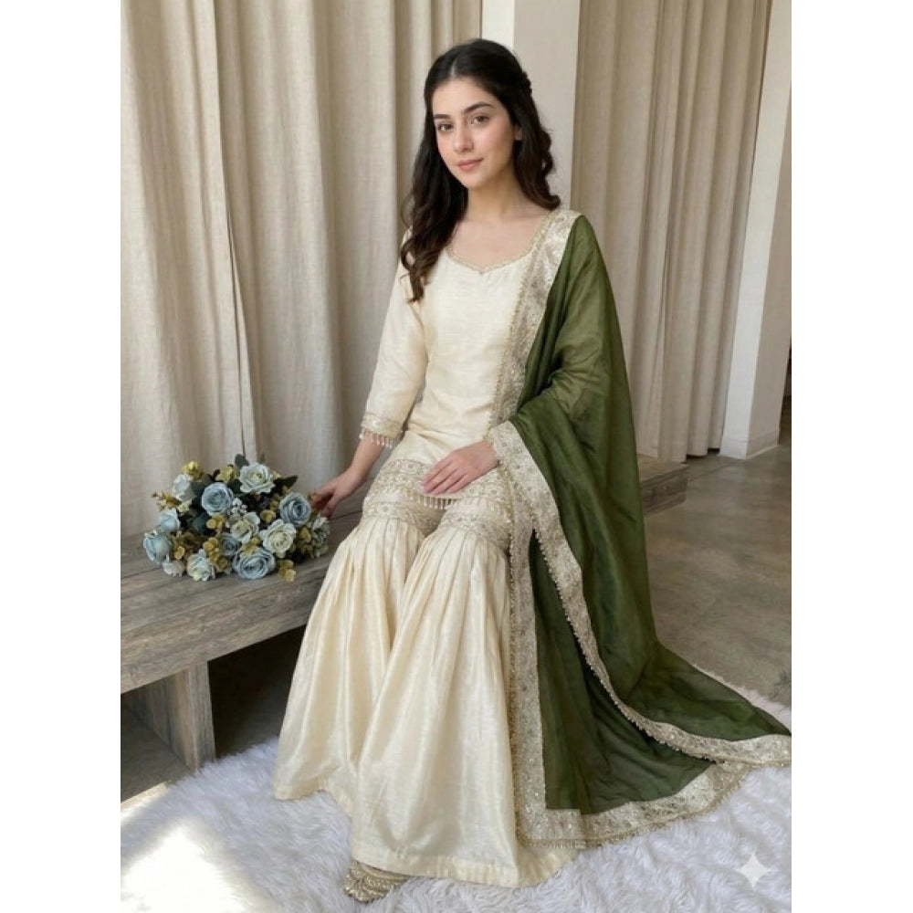 Women's Silk Embroidered 3/4th Sleeve V Neck Kurti With Sharara Pant And Dupatta Set (cream &amp; Green) | Women Signature Collection