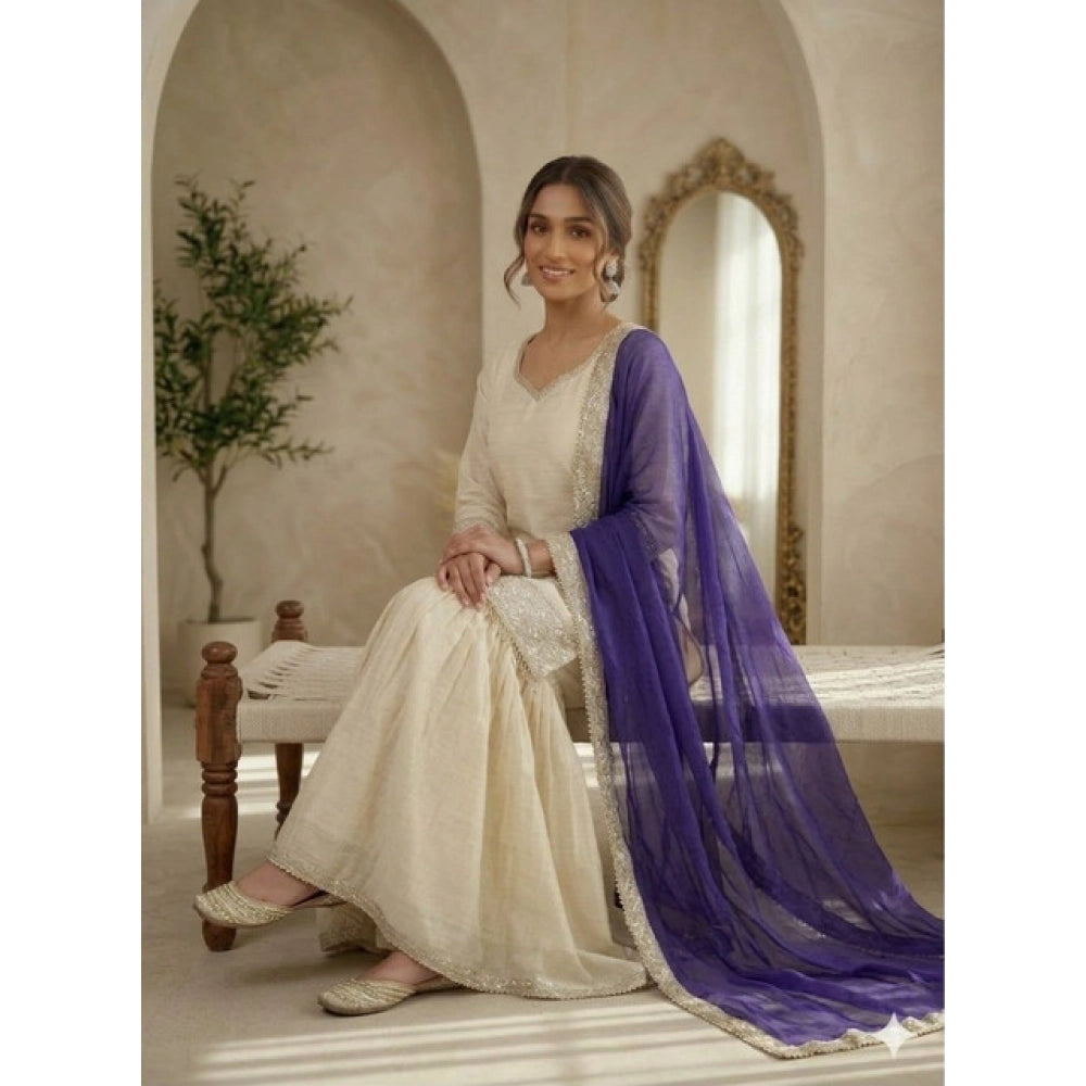 Women's Silk Embroidered 3/4th Sleeve V Neck Kurti With Sharara Pant And Dupatta Set (cream &amp; Purple) | Women Signature Collection