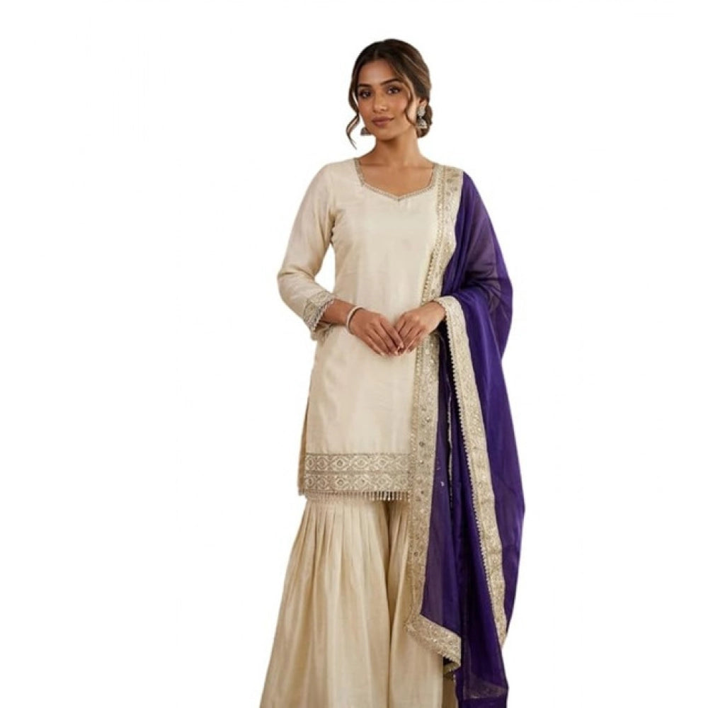 Women's Silk Embroidered 3/4th Sleeve V Neck Kurti With Sharara Pant And Dupatta Set (cream &amp; Purple) | Women Signature Collection