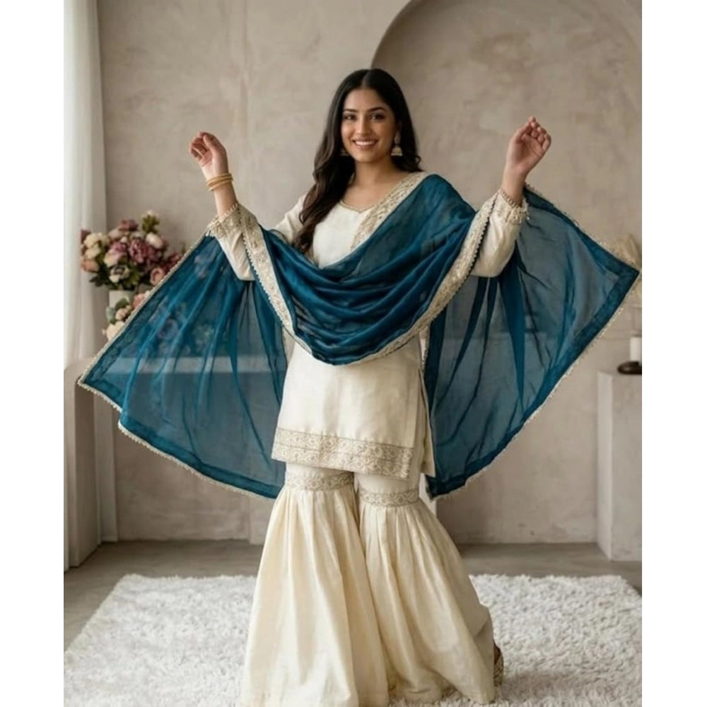Women's Silk Embroidered 3/4th Sleeve V Neck Kurti With Sharara Pant And Dupatta Set (cream &amp; Teal) | Women Signature Collection