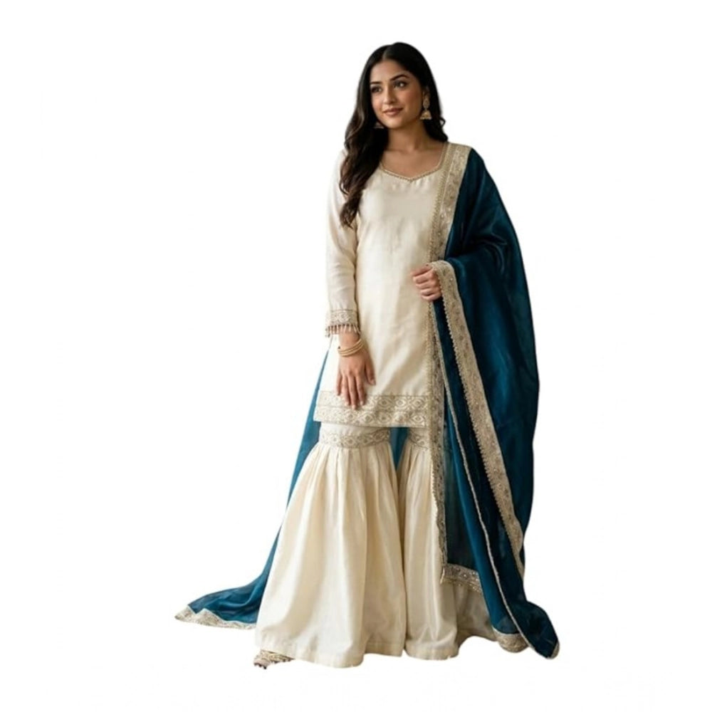 Women's Silk Embroidered 3/4th Sleeve V Neck Kurti With Sharara Pant And Dupatta Set (cream &amp; Teal) | Women Signature Collection