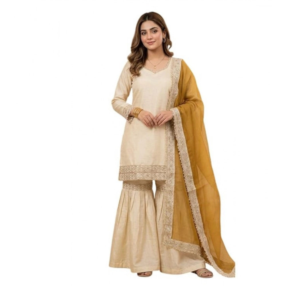 Women's Silk Embroidered 3/4th Sleeve V Neck Kurti With Sharara Pant And Dupatta Set (cream &amp; Yellow) | Women Signature Collection