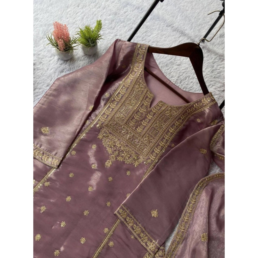 Women's Silk Embroidered 3/4th Sleeve Round Kurti With Sharara Pant And Dupatta Set (purple) | Women Signature Collection