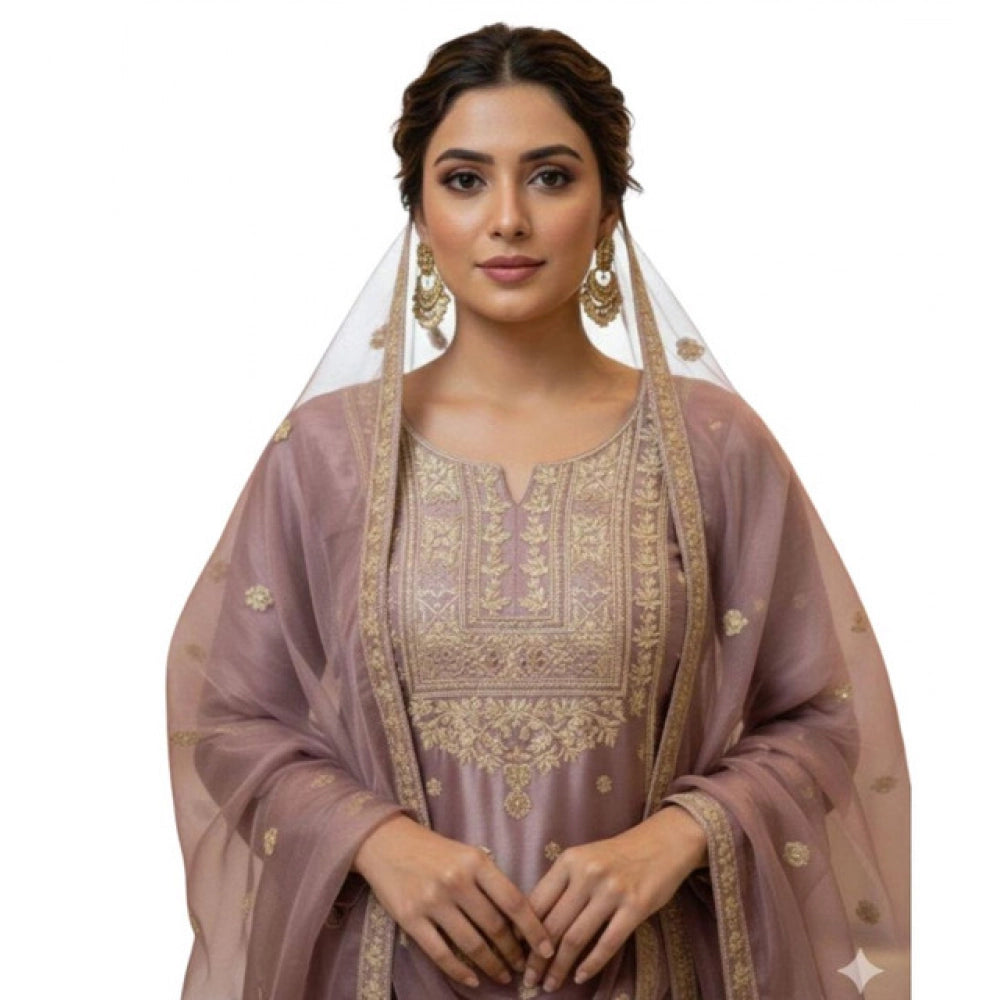 Women's Silk Embroidered 3/4th Sleeve Round Kurti With Sharara Pant And Dupatta Set (purple) | Women Signature Collection