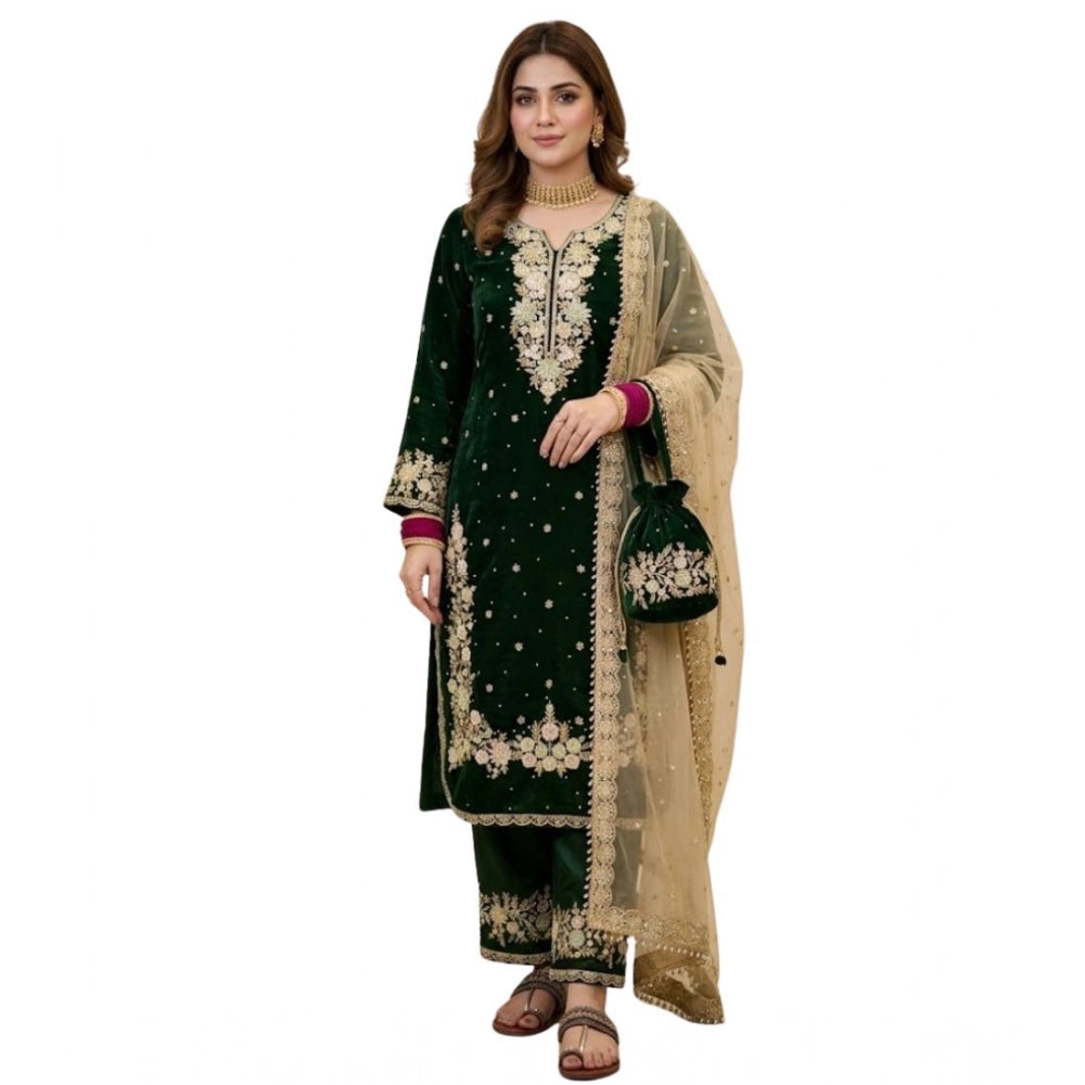 Women's Silk Embroidered 3/4th Sleeve Round Kurti With Palazzo Pant And Dupatta Set (dark Green) | Women Signature Collection