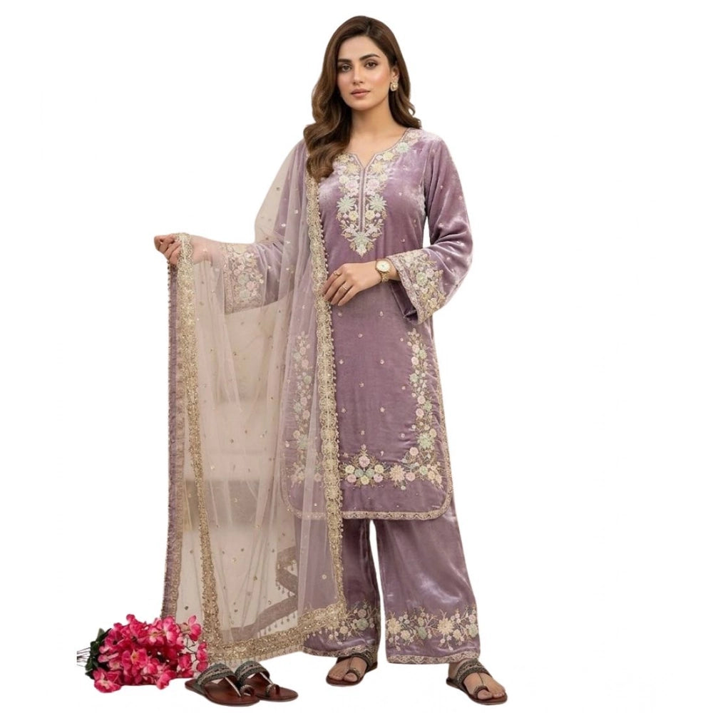 Women's Silk Embroidered 3/4th Sleeve Round Kurti With Palazzo Pant And Dupatta Set (lavender) | Women Signature Collection