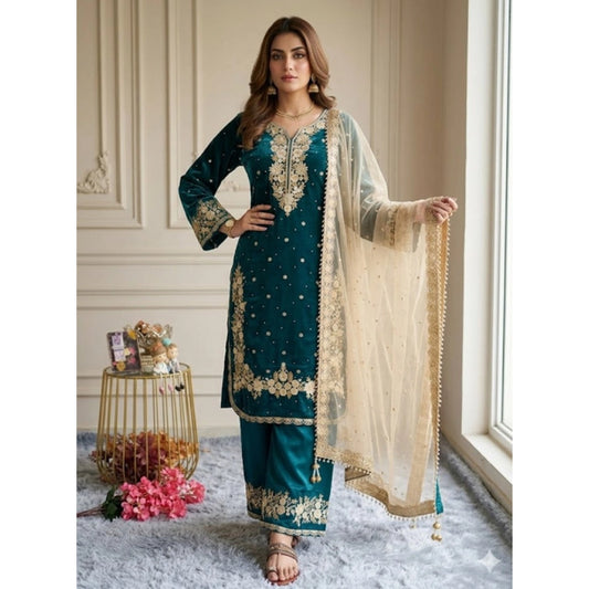 Women's Silk Embroidered 3/4th Sleeve Round Kurti With Palazzo Pant And Dupatta Set (teal) | Women Signature Collection
