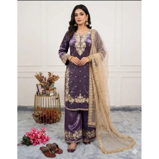 Women's Silk Embroidered 3/4th Sleeve Round Kurti With Palazzo Pant And Dupatta Set (purple) | Women Signature Collection