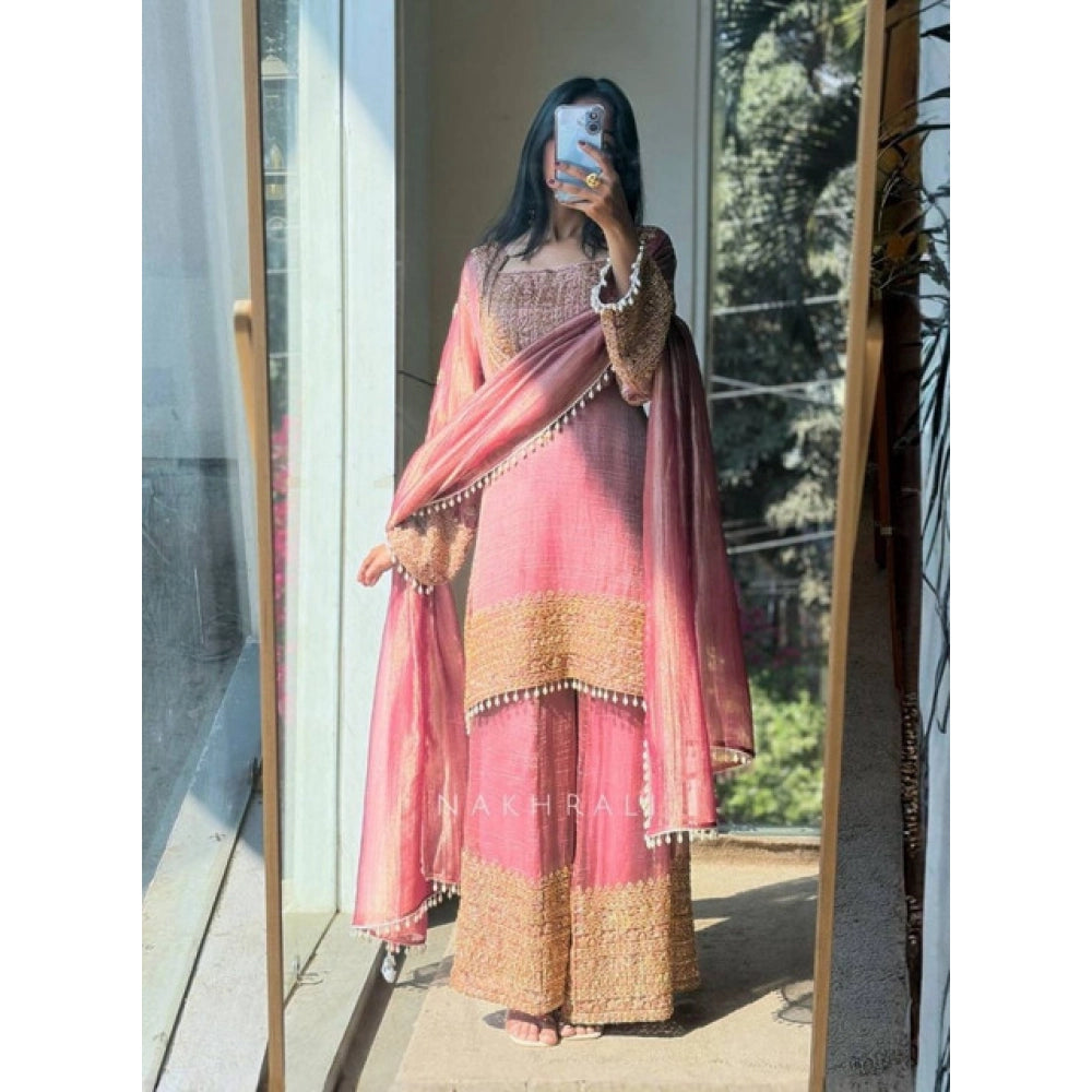 Women's Silk Embroidered 3/4th Sleeve Round Kurti With Sharara Pant And Dupatta Set (pink) | Women Signature Collection