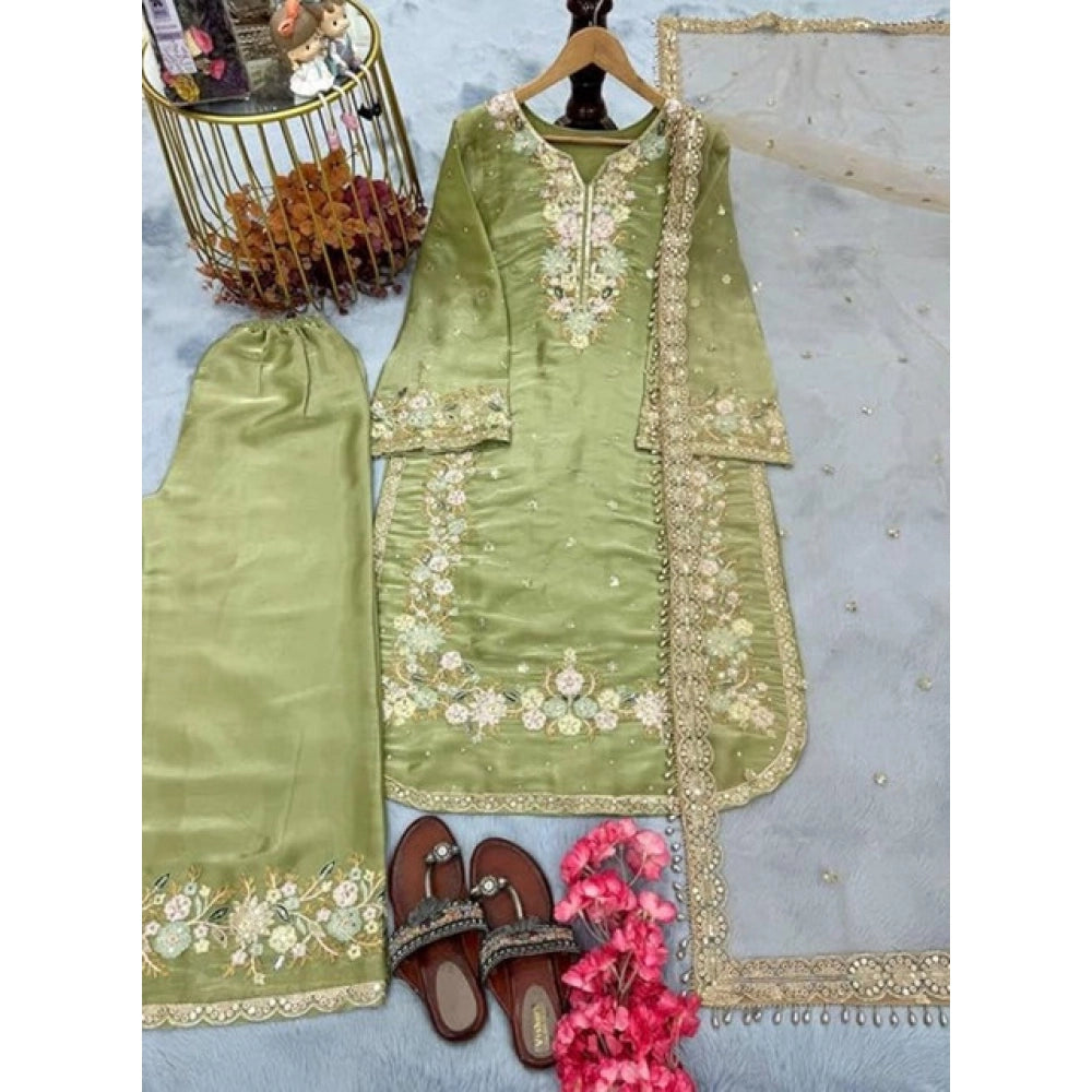 Women's Silk Embroidered 3/4th Sleeve Round Readymade Kurti With Palazzo Pant And Dupatta Set (pista) | Women Signature Collection