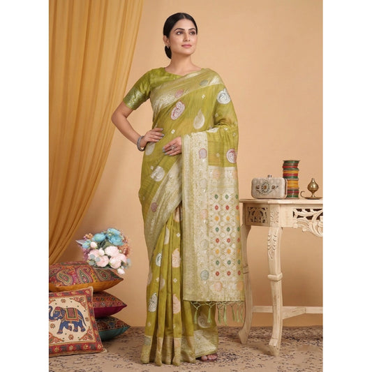 Women's Linen Cotton Printed Saree With Unstitched Blouse 5.5mtr (mustard) | Women Signature Collection