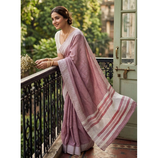 Women's Linen Striped Saree With Unstitched Blouse 5.5mtr (magenta) | Women Signature Collection