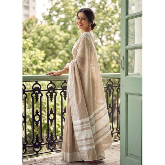Women's Linen Striped Saree With Unstitched Blouse 5.5mtr (lite Brown) | Women Signature Collection