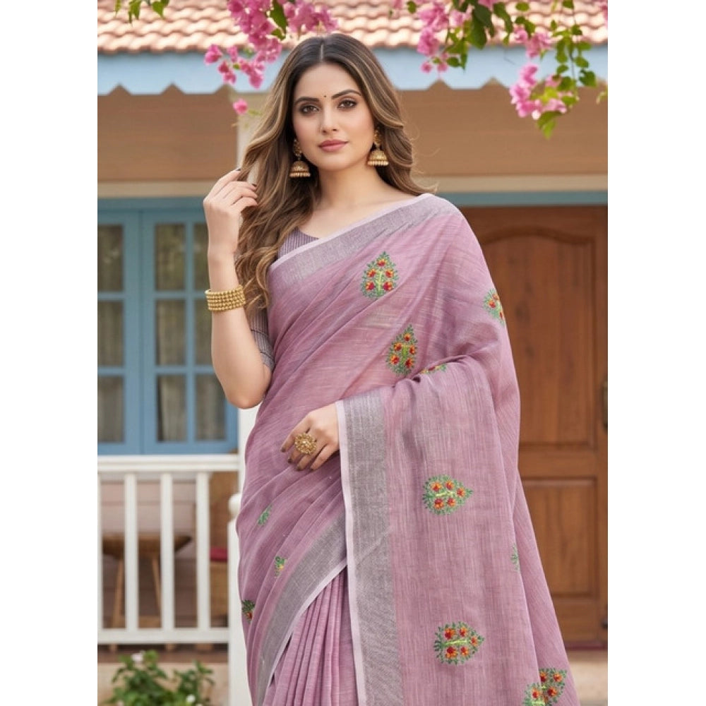 Women's Linen Embroidered Saree With Unstitched Blouse 5.5mtr (light Purple) | Women Signature Collection
