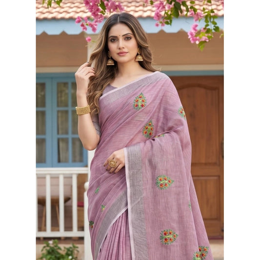 Women's Linen Embroidered Saree With Unstitched Blouse 5.5mtr (light Purple) | Women Signature Collection