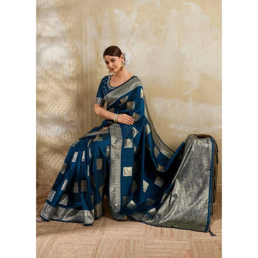 Women's Silk Blend Printed Saree With Unstitched Blouse 5.5mtr (teal Blue) | Women Signature Collection