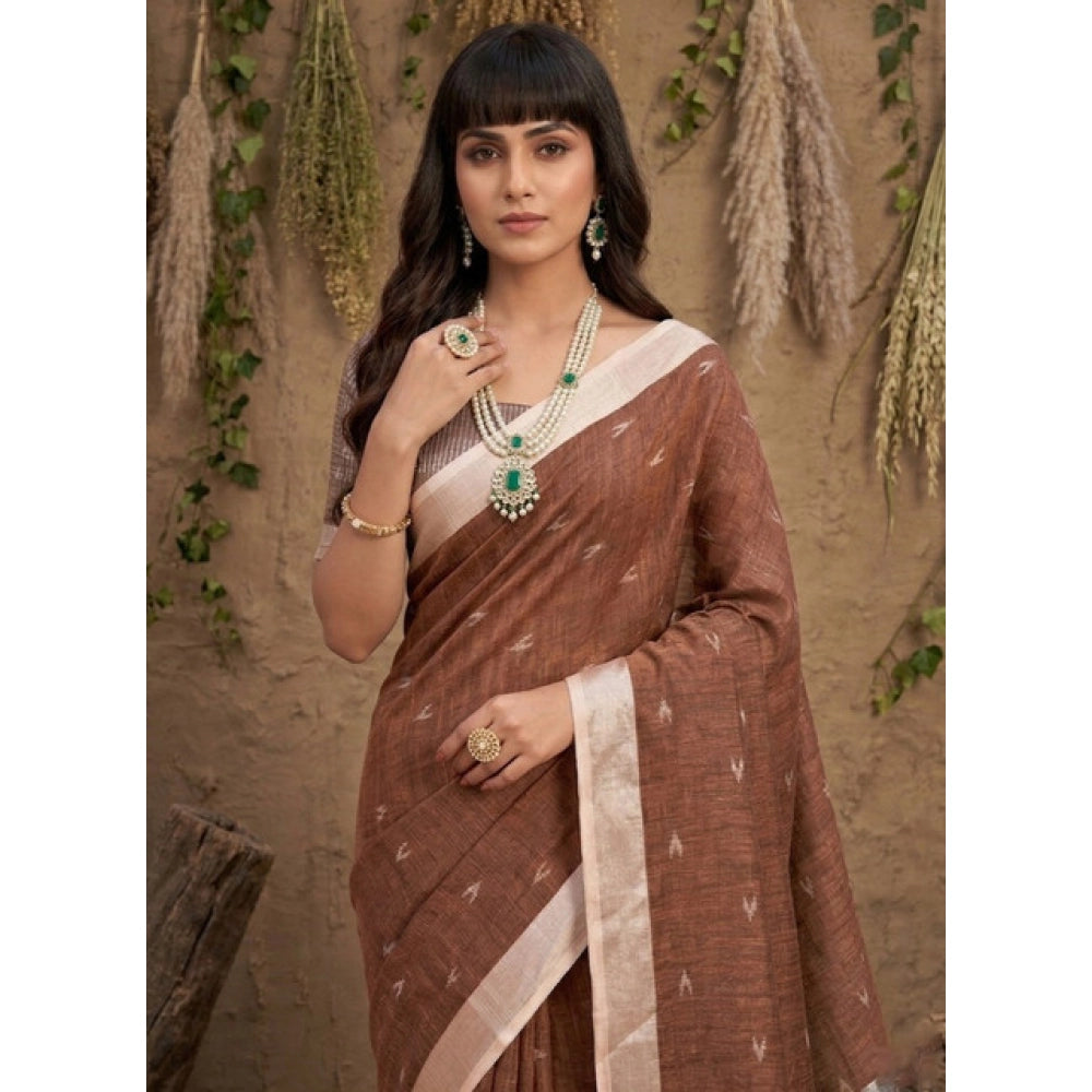 Women's Linen Cotton Printed Saree With Unstitched Blouse 5.5mtr (brown) | Women Signature Collection
